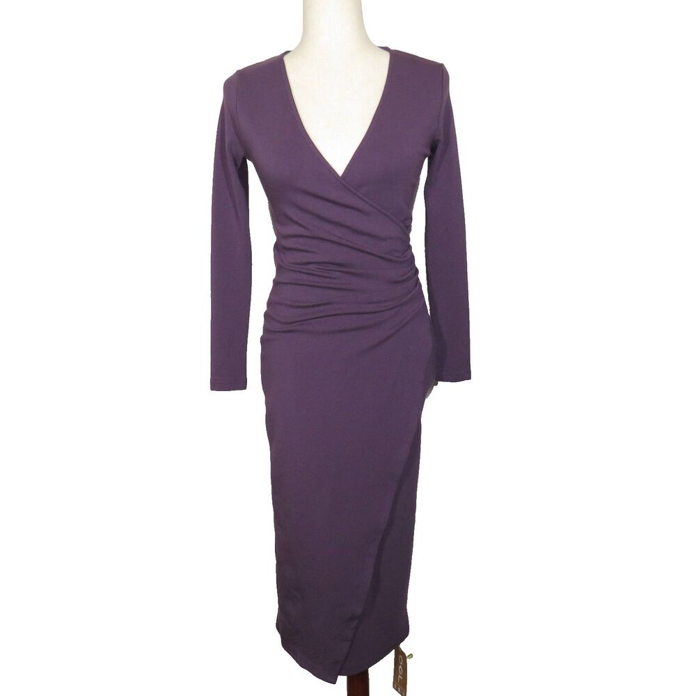 OGL MaxWarm Thermal Side Ruched Wrap Look Long Sleeve Dress Purple Sz Small
